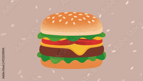 Animated illustration of a delicious hamburger with sesame seeds on the bun and fresh ingredients.