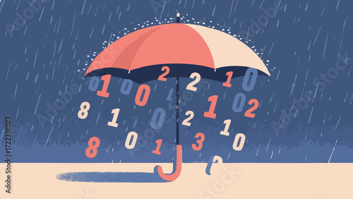 Umbrella protecting binary code from rain, symbolizing data security or protection.