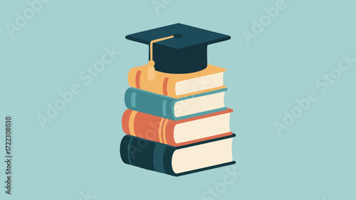 A graduation cap rests atop a stack of colorful books.