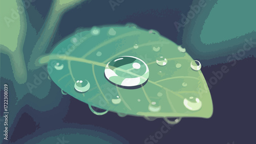 A close-up illustration of a vibrant green leaf covered in glistening morning dew droplets.