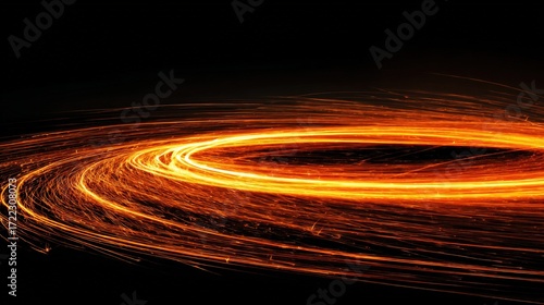 A captivating circular design, formed by swirling, fiery lines, radiates energy against a dark backdrop.
