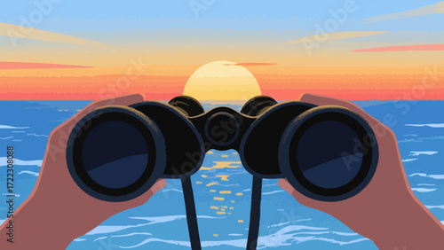 A first-person perspective illustration of hands holding binoculars, looking out over the ocean towards a vibrant sunset on the horizon.