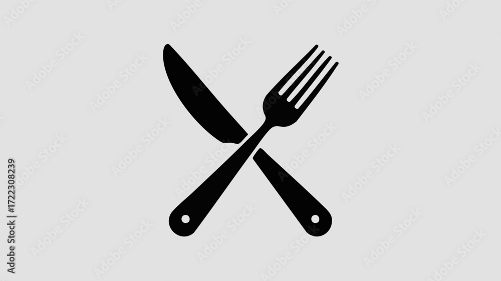 Fototapeta premium A black knife and fork crossed on a light grey background, symbolizing dining, a restaurant, or a meal.
