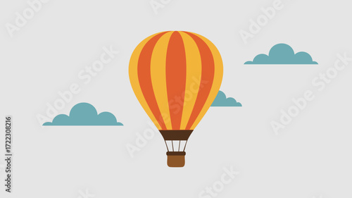 Illustration of a hot air balloon with orange and yellow stripes floating among blue clouds.
