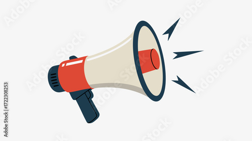 A red and beige megaphone with sound waves emanating from it.