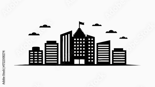 Black and white illustration of a cityscape with various buildings and clouds.