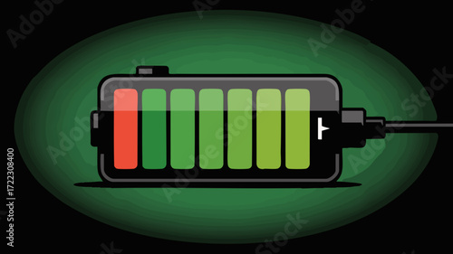 A stylized illustration of a battery charging, with power levels shown in red and green bars.