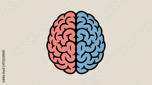 A stylized illustration of a human brain divided into two distinct halves, one pink and one blue, against a neutral background.