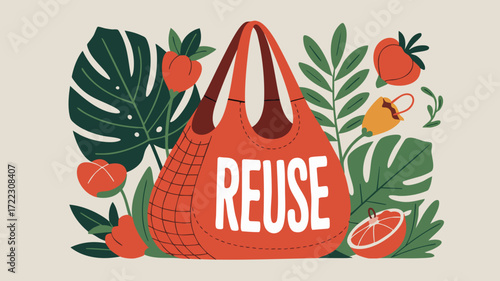 Illustration of a reusable shopping bag with the word REUSE, surrounded by plants and flowers.