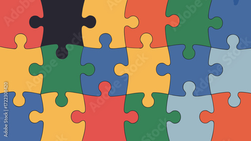 Colorful interconnected jigsaw puzzle pieces forming a complete whole.