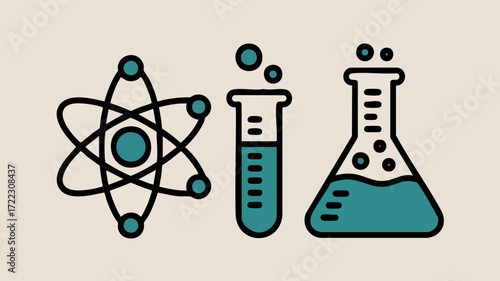 A minimalist illustration featuring an atom, a test tube, and a bubbling flask, representing scientific concepts and chemistry.