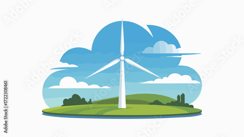 Stylized illustration of a white wind turbine standing in a green field under a blue sky with clouds, symbolizing renewable energy and environmental sustainability.