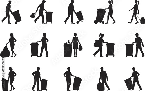 Trash, garbage, waste, disposal, people, silhouette, bin, bag, sanitation, environment, cleanup, urban, recycling, worker, action, pose, collection, public, hygiene, awareness