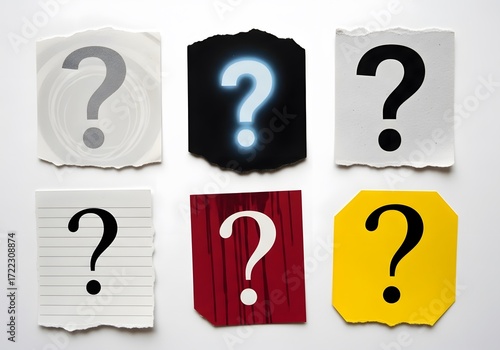 Paper Question Marks Collage Six Unique Cutouts in Gray, Black, Red, and Yellow Showcase Queries with Varied Textures and Styles on a White Background, Evoking Curiosity!