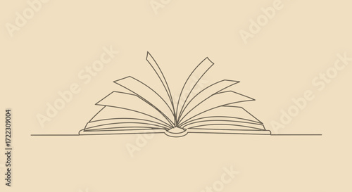Elegant single line drawing of an open book with turning pages, presented in a minimalist style, perfect for educational or literary themed designs and illustrations.