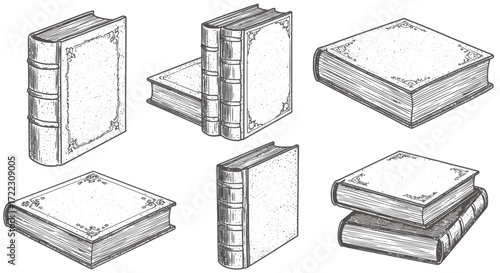 Collection of six vector illustrations of antique books, perfect for adding a vintage or classic touch to your design projects, available as high-quality PNG files.