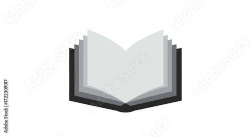 A minimalist grayscale open book icon with fanned pages, representing education, learning, and knowledge, perfect for web design and digital applications.