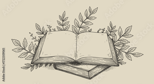 A beautifully hand-drawn illustration featuring an open book resting on another, surrounded by elegant botanical branches, perfect for vintage designs.