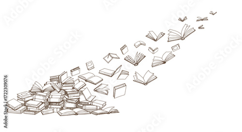 A whimsical vector illustration depicts a pile of books with some of them floating upwards, suggesting knowledge and the power of reading, all on a white background.
