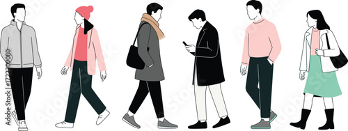 Urban people walking in winter outfits, fashion streetwear, casual lifestyle, cold weather clothing, modern city style, minimal flat illustration