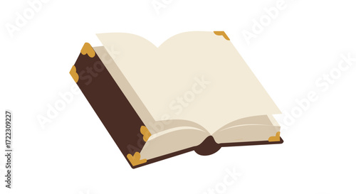 An open book with blank pages, showcasing a vintage design with brown leather cover and gold corner details, presented as a clean vector illustration.