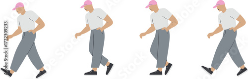 Walking cycle illustration, cartoon character motion, step-by-step animation, casual outfit, dynamic pose, pink cap, urban style, isolated background