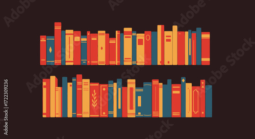 A vibrant vector illustration showcases a collection of colorful books arranged neatly on shelves, perfect for educational or literary design projects with a touch of artistic flair.