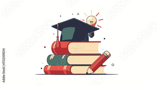 A graduation cap sits atop a stack of books next to a pencil and a glowing light bulb, symbolizing education and new ideas.