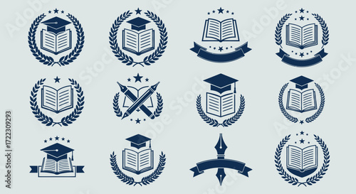 Collection of vintage-style vector emblems and badges featuring open books, graduation caps, laurel wreaths, and ribbons for educational or academic themes.