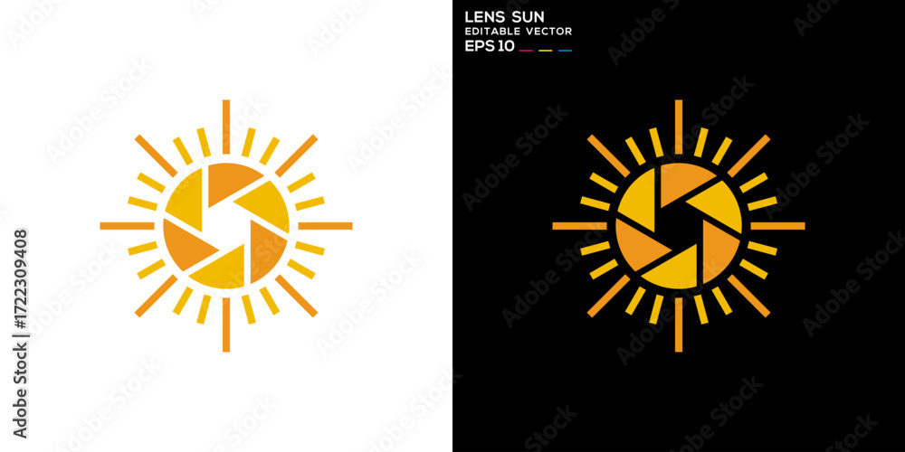 Fototapeta premium Sun lens logo. Photographer, morning, light, camera. Vector icon symbol template EPS 10.