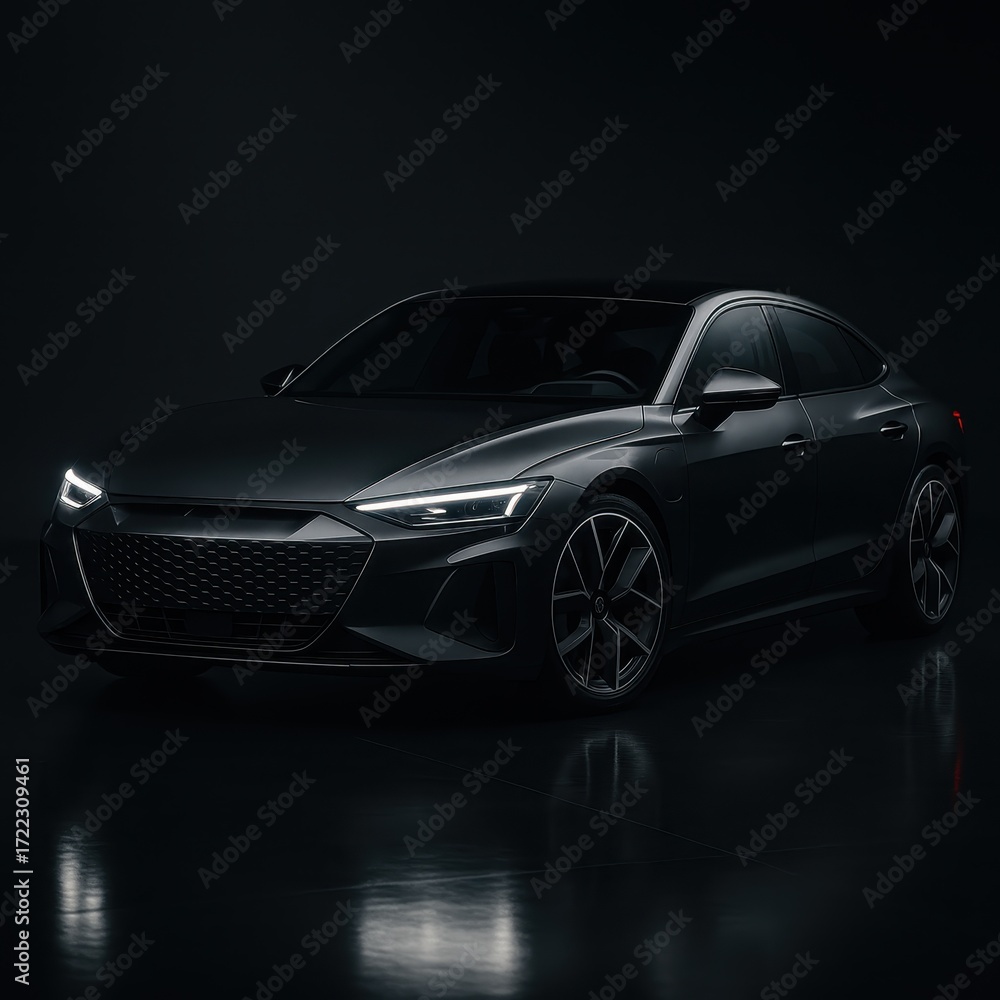 Naklejka premium Electric luxury sports sedan in moody studio lighting sleek graphite finish with razor sharp lines glossy reflections dynamic front angle automotive advertising hero