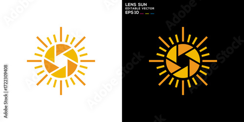 Sun lens logo. Photographer, morning, light, camera. Vector icon symbol template EPS 10.