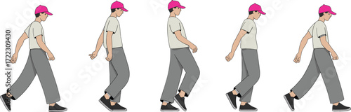 Walking cycle illustration, human gait motion, character animation reference, biomechanics study, cartoon style movement, pose breakdown, step sequence, pink cap