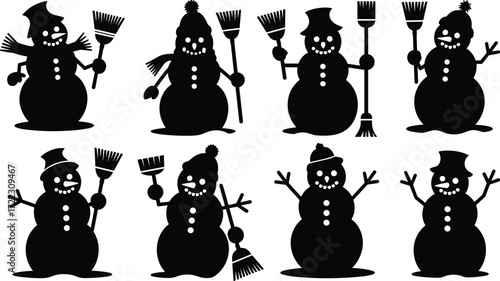 Winter snowman silhouette collection, black vector icons, festive holiday characters, Christmas decoration design, cartoon snowmen with hats, broom, scarf