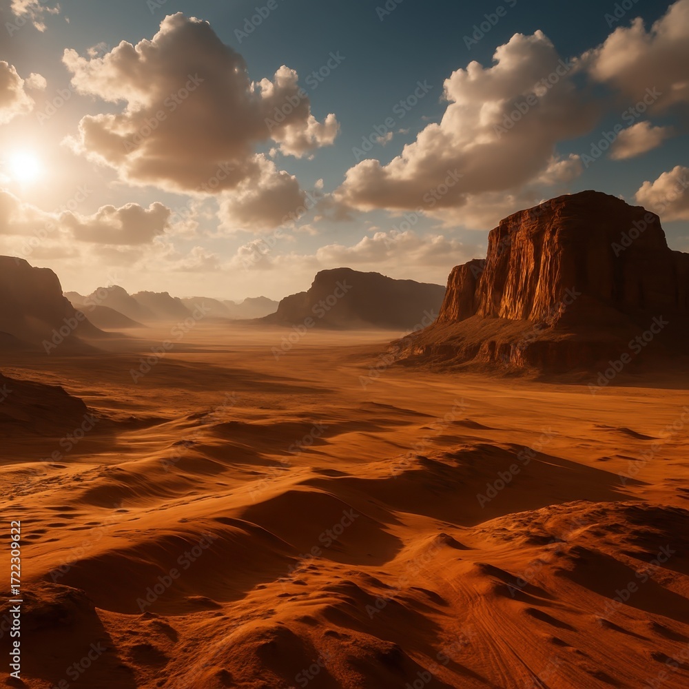 Naklejka premium Epic Wadi Rum desert panorama with towering sandstone cliffs orange dunes dust haze and dramatic clouds evoking Mars cinematic landscape travel