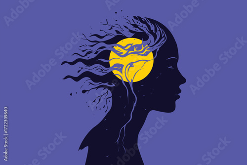 Abstract Mind Silhouette with Tree Roots and Moon – Meditation and Spiritual Concept Illustration