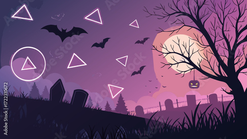 Halloween night vector illustration with bats graveyard and pumpkin hanging from a spooky tree scene