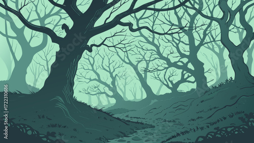 Enchanted forest landscape illustration with spooky trees and misty background for fantasy art design use