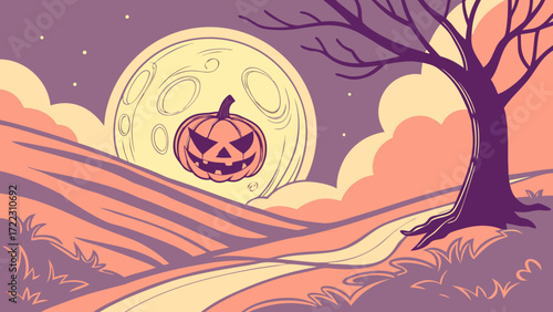 Halloween night scene with pumpkin moon and spooky tree vector illustration for holiday designs and backgrounds