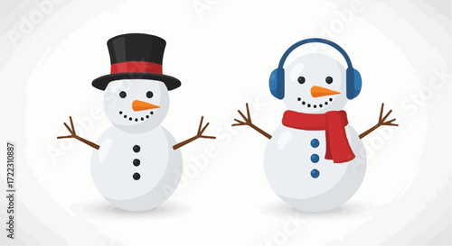 Christmas icon vector 2025 two cartoon snowman winter holiday season christmas snowmen with hat and earmuffs vector illustration