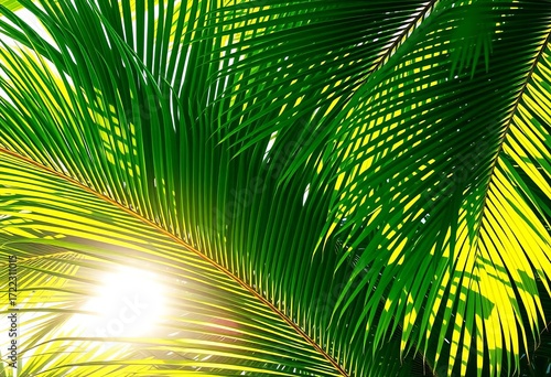 Vibrant green palm fronds, sunlight dappled, lush tropical foliage,  photography,  green