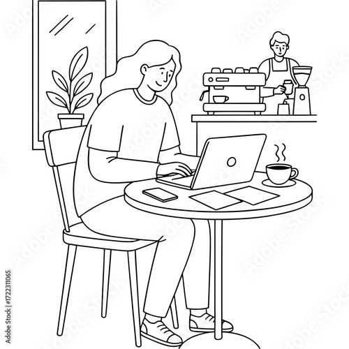 Woman Working on Laptop in Coffee Shop