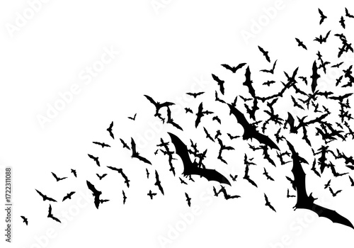 Swarm of Jet-Black Bats Against White A Dynamic Vector Illustration of Night's Creatures in Flight, Forming a Dense, Winged Cloud From Left to Right!