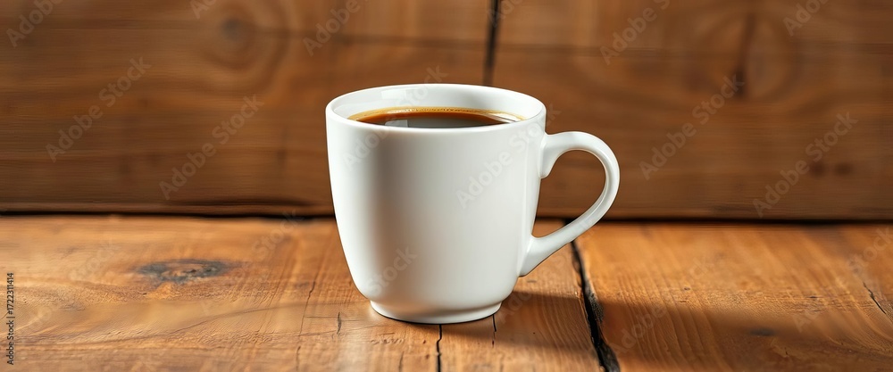 Obraz premium Sleek white coffee cup mockup on rustic wooden surface, display, object