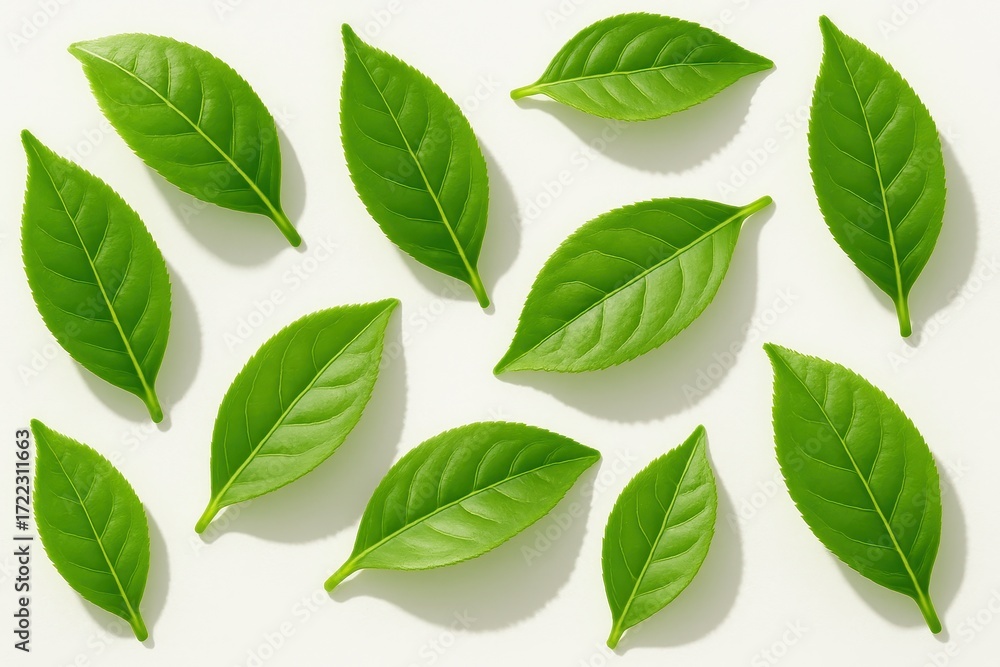 Fototapeta premium Fresh green tea leaves arranged flat lay on pure white background with crisp shadows and delicate veins botanical minimal wellness concept