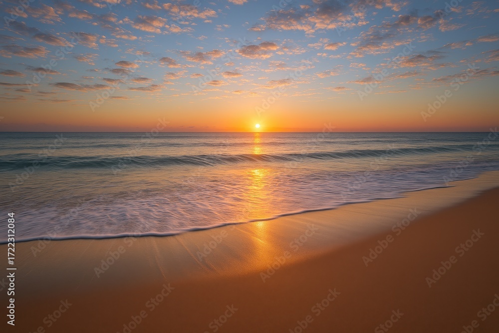 Fototapeta premium Golden sunrise over tranquil sandy beach with gentle waves glowing clouds and long exposure motion soft pastels peaceful coastal morning seascape