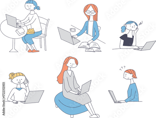 パソコンを使う女性のイラストセット