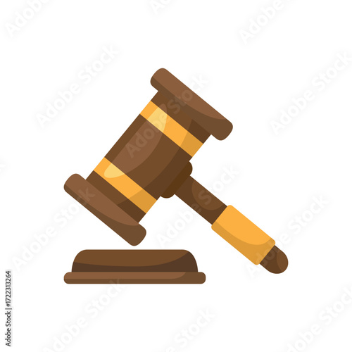 Brown wooden gavel with yellow stripes on a base