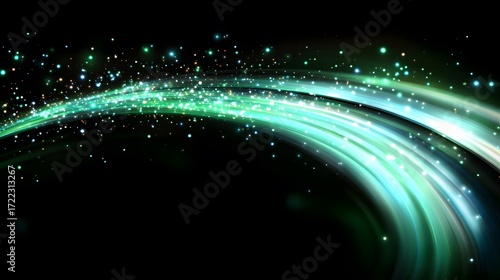 A swirling arc of vibrant turquoise and emerald hues, filled with glittering particles against a deep black background, creates a dynamic and captivating design.