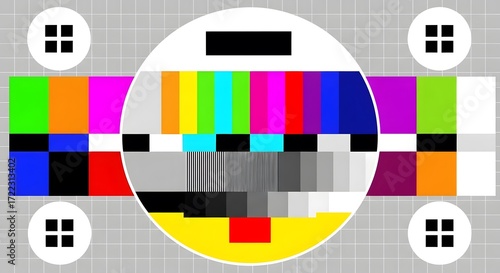 Retro Television Test Pattern Grid A Nostalgic Digital Art Graphic Featuring Bold Color Bars, Geometric Shapes, and a Central Circle for a Vintage Tech Aesthetic!